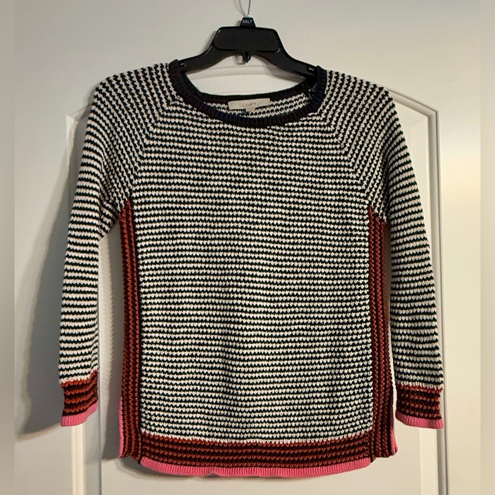 Loft Striped Knit Sweater Women Small Black White Orange Pink Excellent Pullover